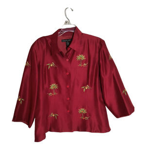 Silk Land Silk Blouse Women's 16 Red Button Down Embroidered Beaded Long Sleeve